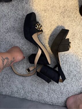 H&M Black Platform Block Heel Sandals with Gold Chain Detail
